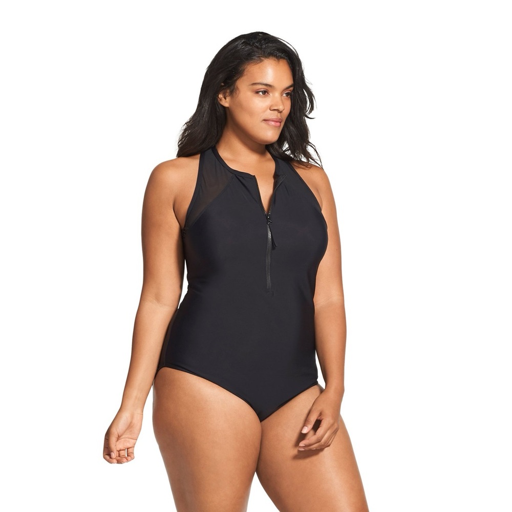 SPEEDO PLUS SIZE Women’s Black Zip-Front Halter Swimsuit 24 (plus size)
